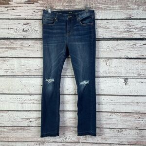 Miss Me Ankle Straight Jean Size 28 Mid Rise Raw Hems Distressed Denim Dark Wash